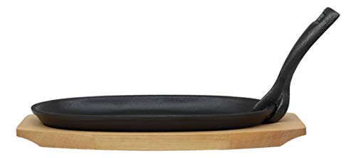 Ebros Personal Size 9.5"Lx5.5"W Enamel Coated Cast Iron Sizzling Fajita Skillet Japanese Steak Plate With Handle and Wood Base Restaurant Home and Kitchen Cooking Supply For Pan Grilling Meats Seafood