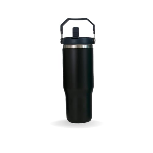 30 Oz Tumbler with Handle Flip Straw – Stainless Steel 30 Oz Tumbler – Metal Water Bottle Fits in Cup Holder – Insulated Water Bottle –– Leak Proof BPA Free Travel Coffee Mug (Black)