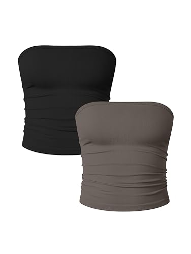 OQQ Damen Tube Tops 2er Pack Ohne Ärmel Slim Fit Camilose Top Cropped Oberteil Tank Top für Damen Schwarz Teeblatt