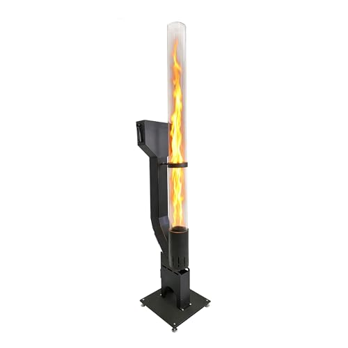 APANA Pelletfackel Flame für Holzpellets Outdoor Feuerfackel Gartenfackel mit hitzebeständiger Glasröhre bis 450C Stahl schwarz pulverbeschichtet Schaufel-Abdeckung für sauberes Befüllen