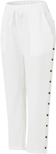 Women's Casual Summer Cotton Linen Pants Elastic High Waisted Drawstring Straight Leg Capris Beach Trousers2