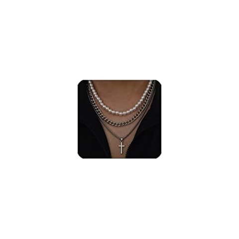 TOSGMY Pearl Necklace For Men Layered Cuban Link Cross Necklaces Mens Stainless Steel Chain Faux Pearl Choker Compass Pendant 3PCS Necklaces Set For Men Women Jewelry Gift For Boyfriend Husband Son Cover