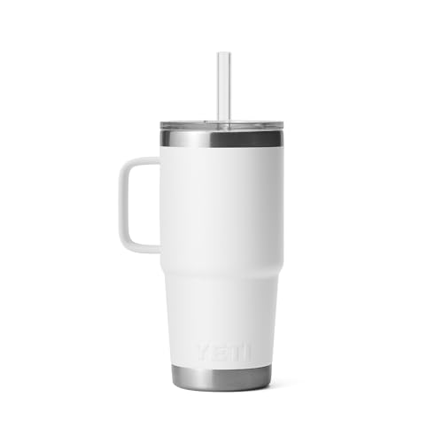 Image of YETI Rambler 25 oz Tumbler with Handle and Straw Lid, Travel Mug Water Tumbler, Vacuum Insulated Cup with Handle, Stainless Steel, White
