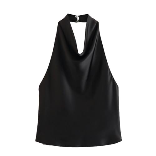 Top Halter de Satén de Seda Cómodo y Versátil de Verano-Negro-XS