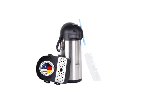 Dispensador de café Airpot de 104 onzas (3 L) con bomba, bandeja de goteo y cepillo de limpieza, termo aislado de acero inoxidable, retención de calor de 24 horas, retención de frío de 36 horas