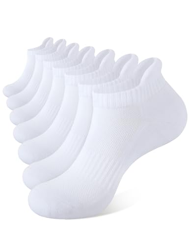 CLOSEMATE 7 Pairs Ankle Trainer Cushioned Sports Socks for Men Women Non-slip Tab Cotton Breathable Low Cut Athletic Running Socks (7White Size L)