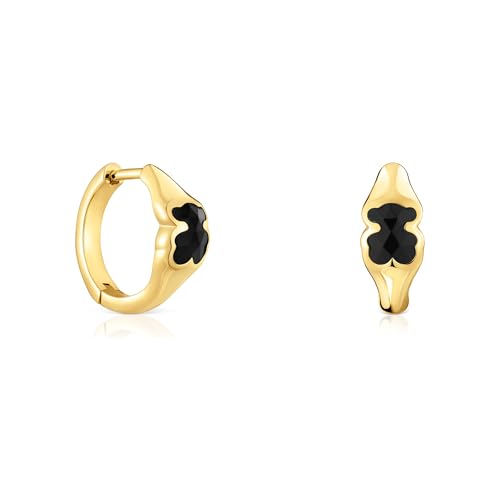 TOUS Pendientes de Aro para Mujer con Baño de Oro 18 Kt sobre Plata de Primera Ley y Motivo Oso En Ónix, 10 mm, Colección Icon Color