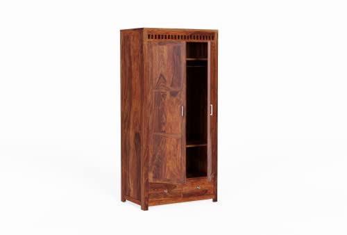 Image of Wooden 2 Door Wardrobe for Bedroom, Almirah with 2 Drawers & Multiple Shelves Storage, Solid Sheesham Wood, Honey Finish