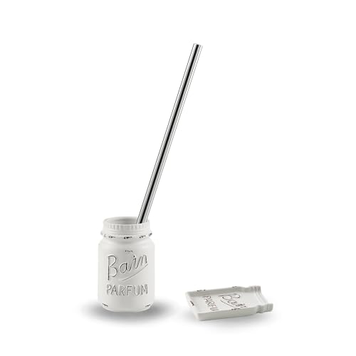 Kiamami Valentina - Set Accessori per Bidet e WC | Stile Shabby Romantico | Porta Sapone e Porta Scopino | Decorazione Scritta Francese, Ceramica Bianca