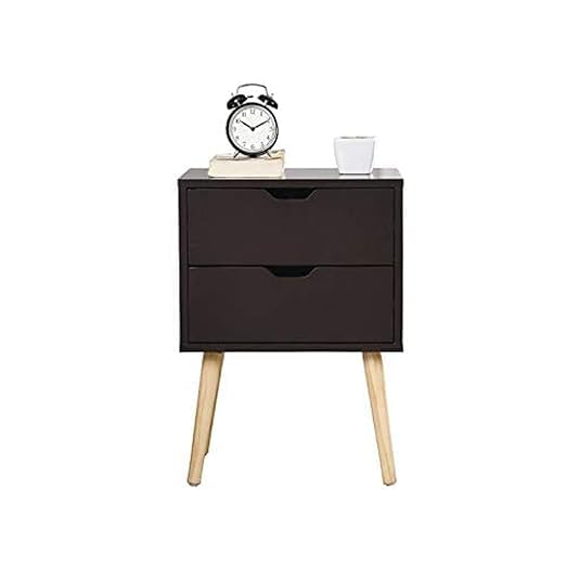 Image of Organizing Nightstand Solid Wood Legs Mid-Century Modern Bedside Table Practical and Simplistic End Side Table with Two Drawers (Black)