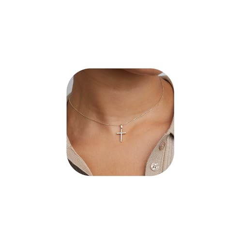 Turandoss Gold Cross Necklace for Women - Dainty 14K Gold Plated Cubic Zirconia Cross Pendant Necklace Christian Gifts for Women