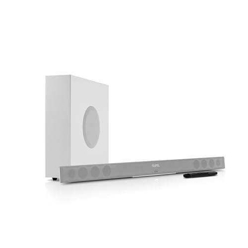 Teufel CINEBAR 11 Mk4-2.1 Dolby Atmos Soundbar mit kabellosem Platzsparender Subwoofer, Bluetooth, HDMI 3D ARC CEC, 4K Pass Through, Touch Panel - weiß