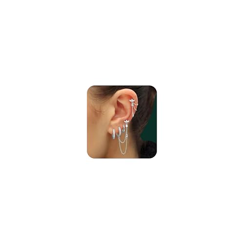 6PCS Earring Stacks Cartilage Chain Helix Piercing Sets For Women Flat Back Multiple Piercing Dangle Huggie Hoop Stackable Jewelry (White Silver-Flat back)