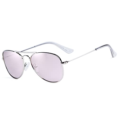 La Mejor Lista de Gafas de sol para Bebé - solo los mejores. 50 Rocf Rossini Gafas de Sol Polarizadas Aviador Para Niños y Niñas Marco Metal Protección UV con Estuche (Plateadas/Rosa)