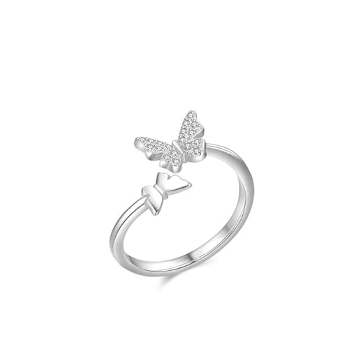 Anillo de mujer de oro blanco 585, alianzas de boda para mujer, doble mariposa con moissanita, oro de 14 quilates, plata talla 52 (16,6)