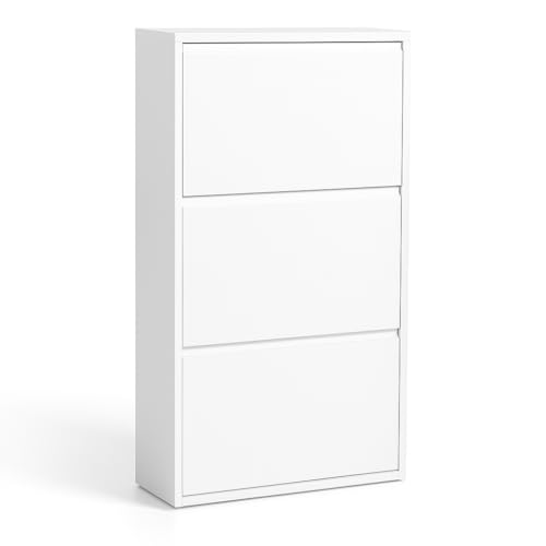 formood 3 Tier Metal Shoe Cabinet Slim 15cm Wall Mounted Storage Cupboard with Pulldown Doors Holds 69 Pairs Modern Hallway & Entryway Organiser - Matte White