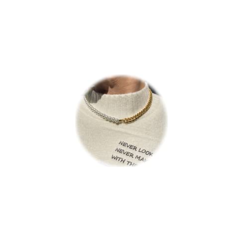 YANCHUN Mens Pearl Necklace Pearl Stainless Steel Cuban Chain Necklace Pearl Choker Necklace for Women (B:gold pearl necklace)