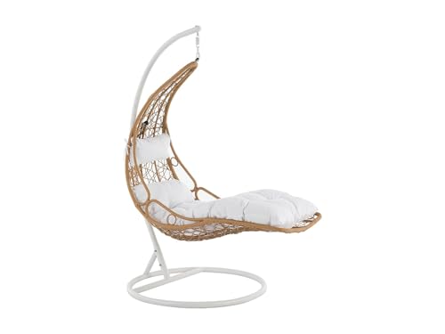 Vente-unique - Fauteuil Suspendu en résine tressée - Naturel Clair avec Coussins Blancs - LUVA de MYLIA