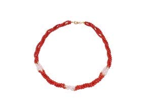 Collana corallo rosso con perle d'acqua dolce e intermediari dorati, Gemma, Corallo