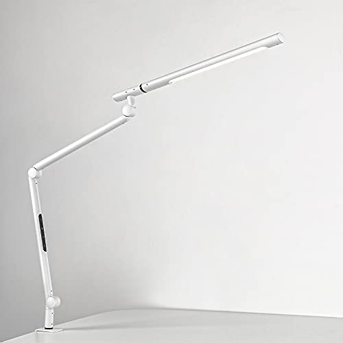 Desk Lamp with Clamp, Eye-Care Swing Arm Desk Lamp, 5 Brightness & Adjustable Color Temperature Modern Architect Lamp with Memory & Timing Function for Study, Work, Home, Office, 12W,White