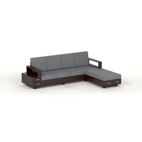 Image of Sheesham Wood 6 Seater L Shape Sofa Set with Storage Drawers and 40 Density Cushion | Solid Wooden Corner Sofa with Grey Fabric Upholstery for Living Room