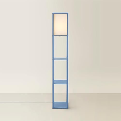 ValueLights | Struttura Pastel Blue Wood Shelving Square Floor Lamp with Fabric Shade | Floor Lamps, Home Décor & Improvement Essential