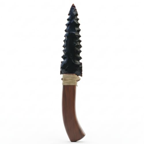 Handmade 10" Black Obsidian Arrowhead Knife – Authentic Hand-Knapped Stone Blade with Natural Wood Handle – Unique Primitive Collectible & Spiritual Decor for History & Crystal Enthusiasts