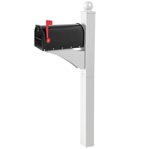 Colingmill White Black 1 Set Iron Mailbox Posts with Mailbox for Outside Ground Mounting Post 56 Inch Tall Heavy Duty Architectural Stand with 8 Screws for Outdoor Use