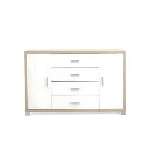 Mondo Viro Aparador con 2 puertas y 4 cajones 'Amal' moderna de entrada, 137 x 41 cm, 84 cm (blanco brillante – Olmo claro)