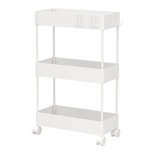 Image of CAXXA 3 Tier Slim Mobile Utility Cart Rolling Cart,Plastic Basket Storage Organizer, for Kitchen Laundry Bathroom Living Room Narrow Place Slide Out Storage Cart with Casters (White, 15.75Lx7W)