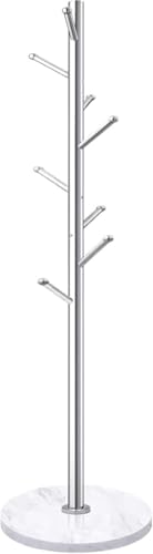 LSNNMU Perchero de metal con base de mármol natural, acero inoxidable independiente con 8 ganchos, árbol de entrada (plateado)