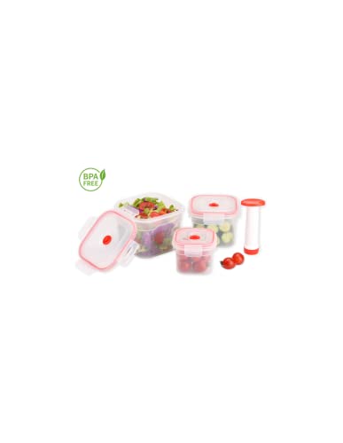 Tuppers, recipientes herméticos para alimentos con cierre de seguridad y bomba de vacío incluida. Juego de 3 tuppers de distintos tamaños para mantener los alimentos el mayor tiempo posible.