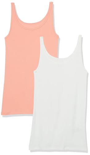Amazon Essentials Women's Slim-Fit Thin-Strap Tank Top, Pack of 2, Coral Pink/White, L