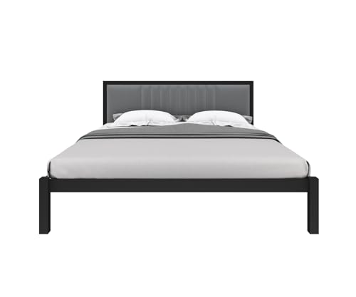 Image of Homdec Venus Wall-Supported Upholstered Headboard Metal Bed (Black, Queen (U.K. Standard))