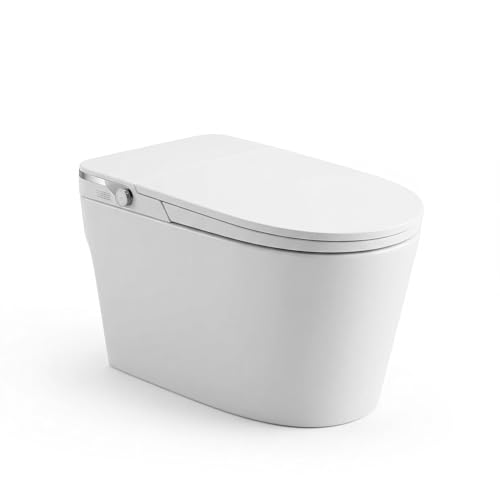 Smart Toilet with Bidet, Foot Sensor Activation, Heated Seat, Warm Water, Feminine Wash, Manual flip cover, Water Container for Low Pressure, White Cover with Black LED Light miniatura 1