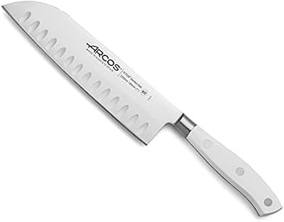 Arcos Cuchillo Santoku Forjado Acero Inoxidable. Cuchillo Japonés Afilado Cortar Carne, Pescado y Verduras. Mango Ergonómico Polioximetileno y Hoja 180mm. Serie Riviera Blanc. Color Blanco.