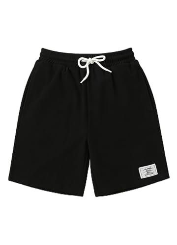 Haloumoning Short pour garçon été élastique - Short de loisirs pour enfants - Uni - Bermuda extensible avec cordon de serrage et poches, Noir , 13-14 ans