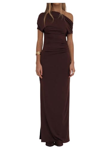 GORGLITTER Women's Asymmetrical Neck Ruched Bodycon Maxi Dress One Shoulder Short Sleeve Dinner Cocktail Long Dresses