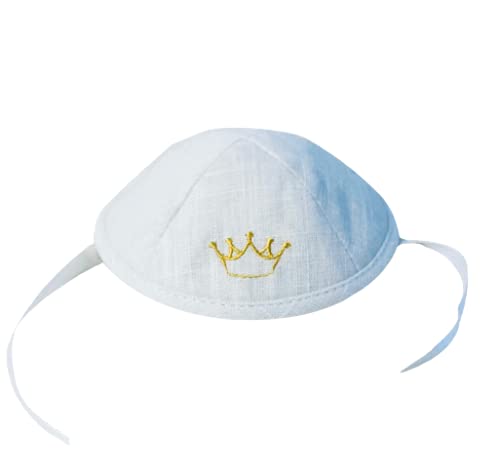 Broderies de France Father and Baby Boy Matching Crown White Linen Kippah for Brit Milah Newborn Yarmulke Kippah Bris Brit Milah (Baby Kippah)