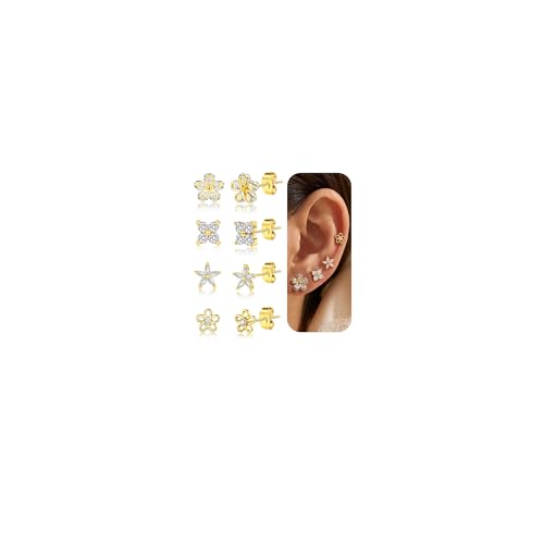 Image of 5 Pairs 14K Gold Plated Stud Earrings for Women, Hypoallergenic Earring Sets for Multiple Piercing, Premium Cubic Zirconia Studs Earrings for Women