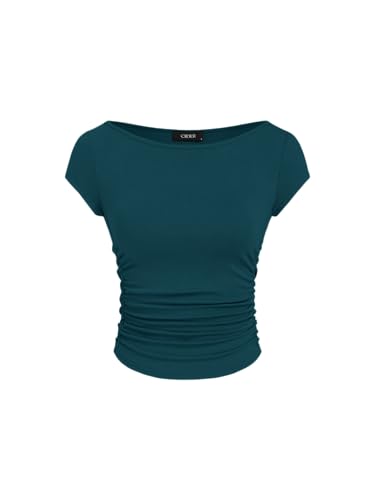 CIDER Women Ruched Crop Top Cap Sleeve Tee Boat Neck Fitted T Shirts