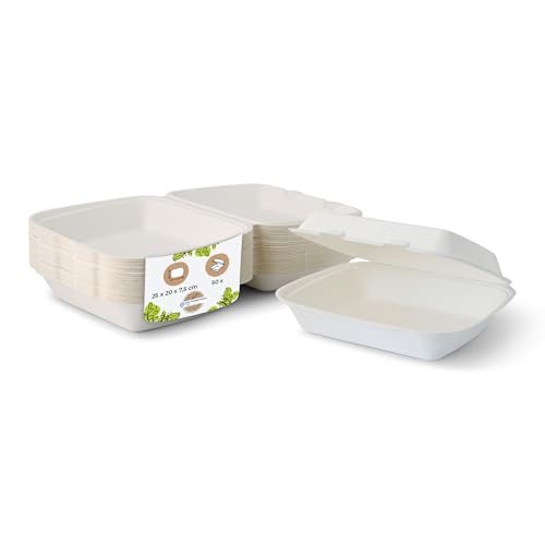 BIOZOYG caja de hamburguesa de caña de azúcar con tapa abatible I 50 piezas aperitivos compostable de bagazo-biodegradable I caja de menú cuadrada I caja para llevar 25 x 20 x 7,5 cm 50 piezas