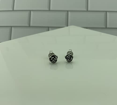 Silvercloseout Rhodium Plated 925 Sterling Silver Small Rose Flower Stud Earrings Floral Rose Stud Earrings Women's Rose Studs Earrings Push Backings #TOP3