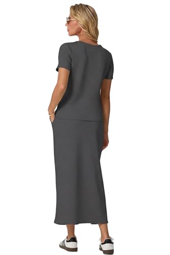 Image of GRECERELLE Women Summer Casual 2 Piece Sets V-Neck Wrinkle-Free Top & Elastic Waist Midi Side Slit Skirt with Pockets