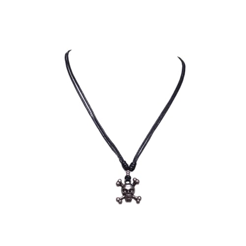 BlueRica Skull and Crossbones on Adjustable Black Cord Necklace (Old Silver Finish)2