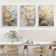 DIHANSM 3-teiliges Leinwandbild-Set „Goldene und weiße Blätter“ – Poster-Leinwanddruck – Wandkunst – Luxusposter – Wohnzimmer – Schlafzimmer – Büro (60 x 80 cm x 3 / Galerie-Rahmen)