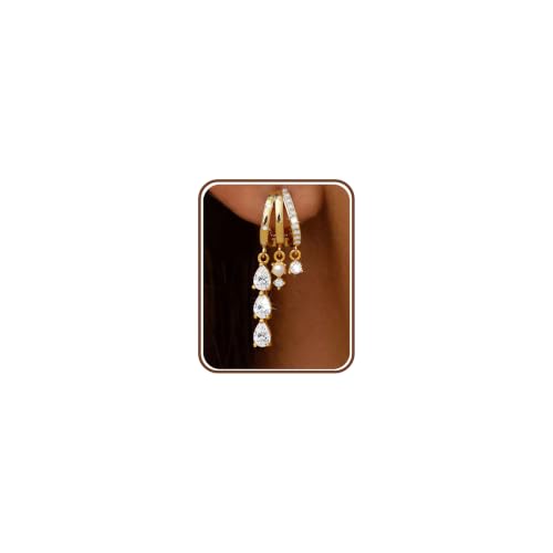 Roheafer Pendientes Mujer Aro Triples Chapado en Oro 14K Pendientes Largos Poste de Plata 925 Hipoalergénicos Aros Huggie Colgantes con Zirconia Cúbica Joyas para Mujer Regalo(CG)