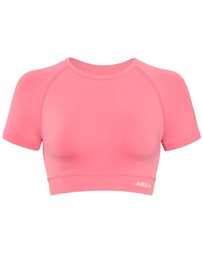 Image of AUROLA Influence Women Crop Top Short Sleeve Compression Workout T-Shirt | Raglan Short Sleeve Crop Top, High-Stretch Seamless Knit, Stay-Put Ribbed Underband, Soft Breathable Comfort