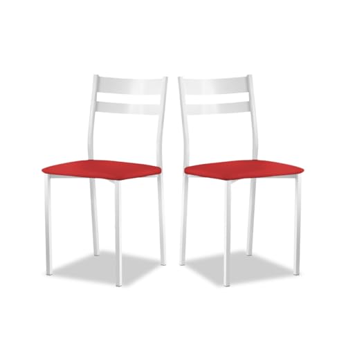 ASTIMESA - Lot de 2 chaises de Salle à Manger ou de Cuisine en métal Blanc, Assise en Similicuir Rouge, 38 cm (Largeur) x 45 cm (Hauteur Assise) x 85 cm...