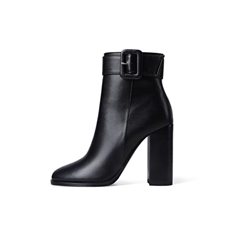 MODENCOCO Women's Matte Ankle Strap Leather Zip Round Toe Block High Heel Ankle High Boots 4 Inch